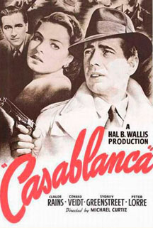 
          <p>A cynical nightclub owner protects an old flame <br>and her husband from Nazis in Morocco.<br><br>
          Drama (USA) 
		  Director: Michael Curtiz<br>
		  Writers: Julius J. Epstein (screenplay), Philip G. Epstein (screenplay) <br> <br> 
		   <b>Stars: Humphrey Bogart, Ingrid Bergman, Paul Henreid </b> </br> </p>